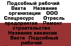 Подсобный рабочий. Вахта. › Название организации ­ ООО “Спецресурс“  › Отрасль предприятия ­ Ремонт, строительство. › Название вакансии ­ Вахта. Подсобный рабочий. › Минимальный оклад ­ 30 000 - Кемеровская обл. Работа » Вакансии   